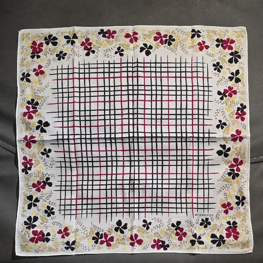 Vintage Burberry Red and Black Floral Check Handkerchief